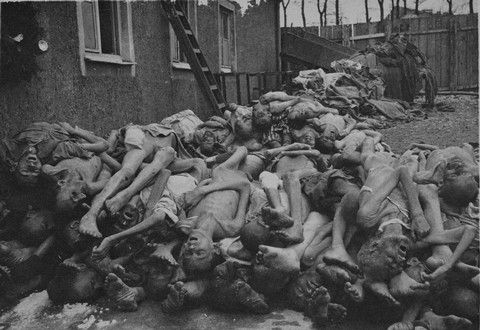 Corpses piled up behind the crematorium in Buchenwald concentration camp